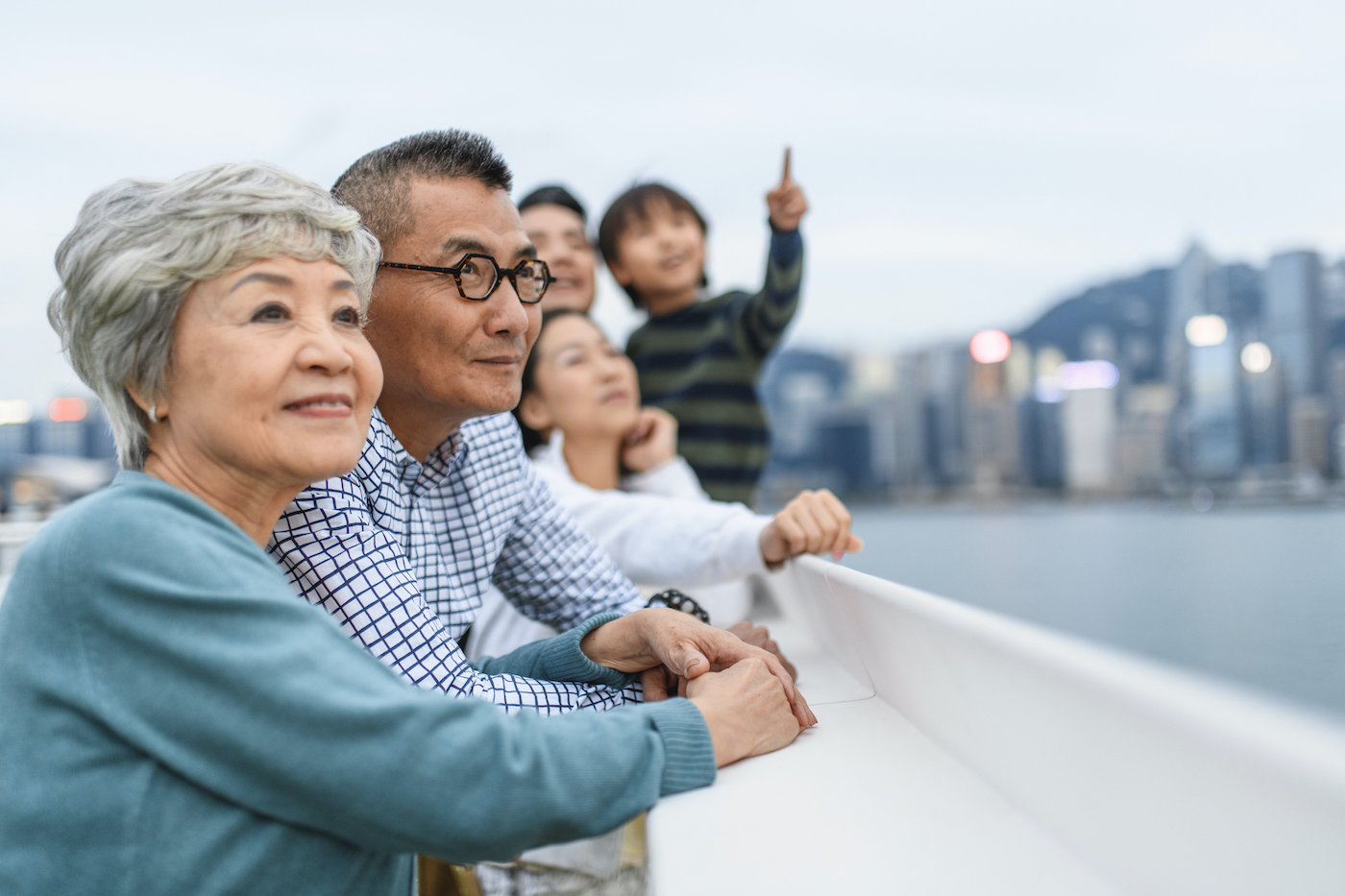 Smiling Chinese Senior Couple Enjoying Hong Kong Views